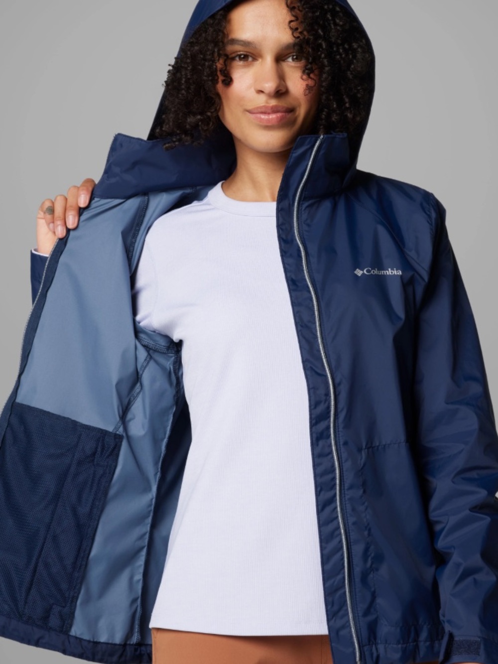 Columbia Womens M Switchback IV Jacket Navy Blue Water Repellent Hooded Packable